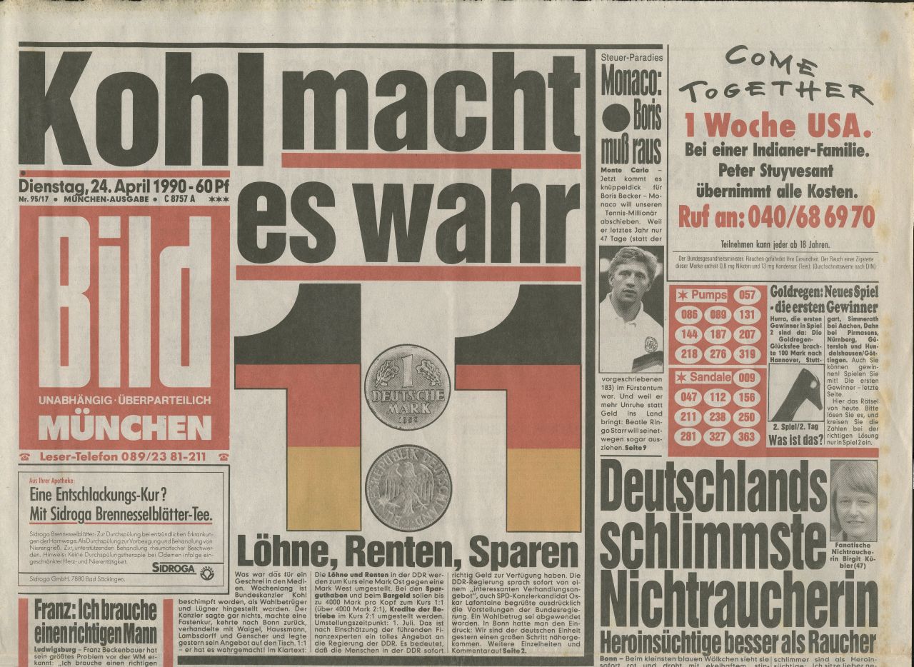 hochformatige Zeitung, Mehrfarbendruck auf weiß, mittig waagerecht gefaltet,  Umfang: 8 Seiten;
Voderseite: links der Zeitungskopf: Dienstag, 24. April 1990 - 50 Pf / Nr. 95/17 * Druck in Essen-Kettwig * C 8756 A* RW (schwarz), darunter auf rotem Grund: BILD / UNABHÄNGIG * ÜBERPARTEILICH, darunter die Telefonnummer des Leser-Telefons;
Hauptschlagzeile: Kohl macht es wahr - 1:1 - Löhne, Renten, Sparen;
weitere Artikel: u.a. Deutschlands schlimmste Nichtraucherin, ZDF-Doris: Meine 10 schönsten Kicker, Und die Frauen träumen doch vom Sex, Ladenschluß ganz weg; vier Anzeigen;
Rückseite: zahlreiche Artikel zu verschiedenen Themen u.a. Ich fuhr den BMW 850i;
Innen: S. 2: u.a. 1. Juli - Der Tag, an dem das Wirtschaftswunder beginnt, Fernsehprogramm; S. 3: u.a. Mutter des entführten Babys; S. 4: u.a. In der DDR gibt's weniger Langeweile - warum wohl?; S. 5: Rubrik BILD-Rhein-Ruhr; S. 6-7:  Rubrik BILD-Sport; zahlreiche Fotos und Anzeigen;
Zustand: Papier vergilbt.
